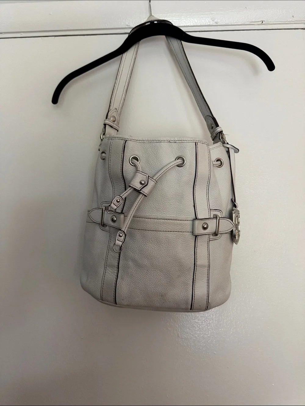 Tignanello White Pebbled Leather Drawstring Hobo